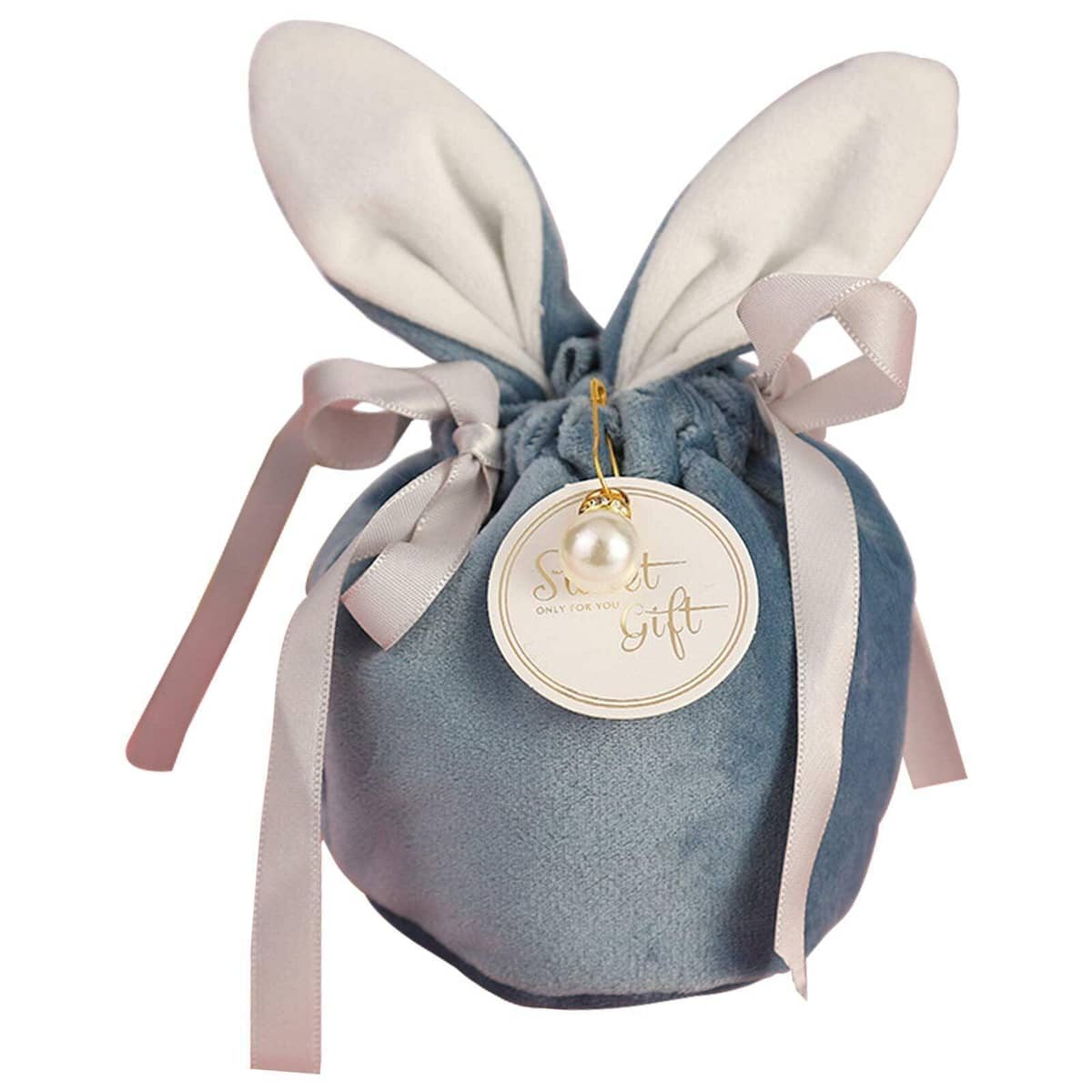 Bunny Ear Easter Candy Bag, Flannelette Gift Pouch - Blue