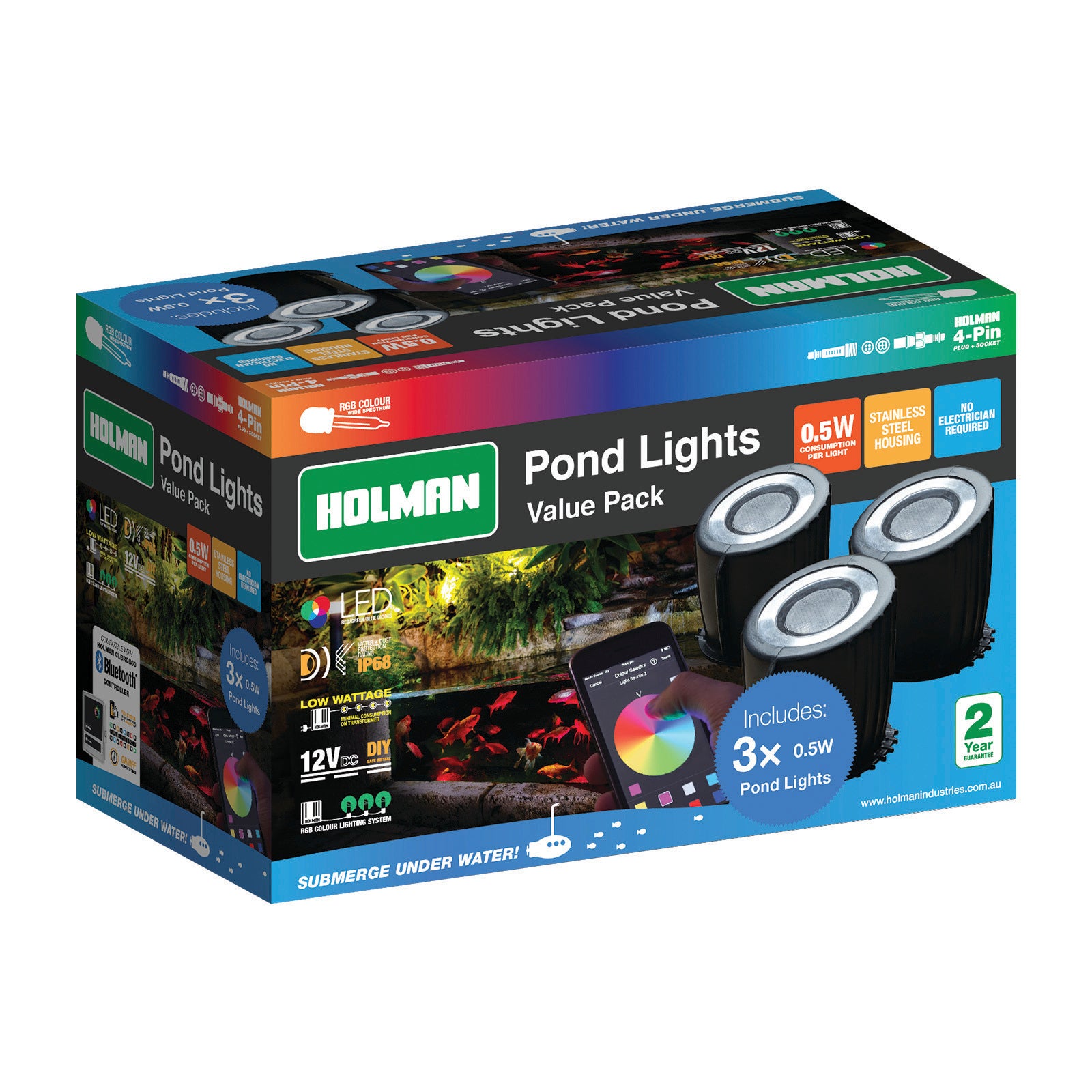 Holman RGB Colour Pond Light 3 Pack 12V 1.5W Stainless Steel Waterproof Weather Resistant POLRGB1K