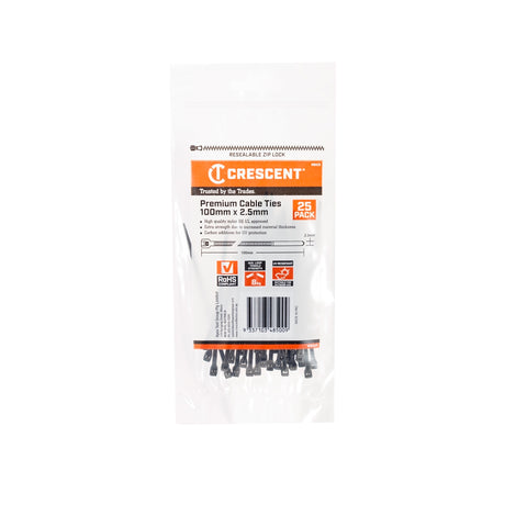 Crescent 100 x 2.5mm Black Nylon Cable Ties UV Resistant - 25 Pack