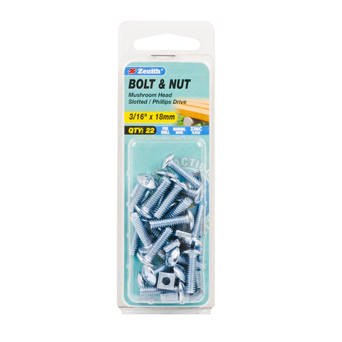 Zenith 3/16" x 18mm Zinc Plated Mushroom Head Bolt and Nut - 22 Pack