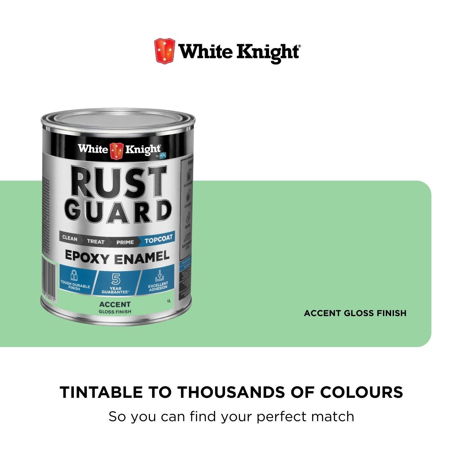 White Knight Rust Guard 1L Accent Gloss Epoxy Enamel Paint, Solvent-Based, One-Step for Metal Surfaces