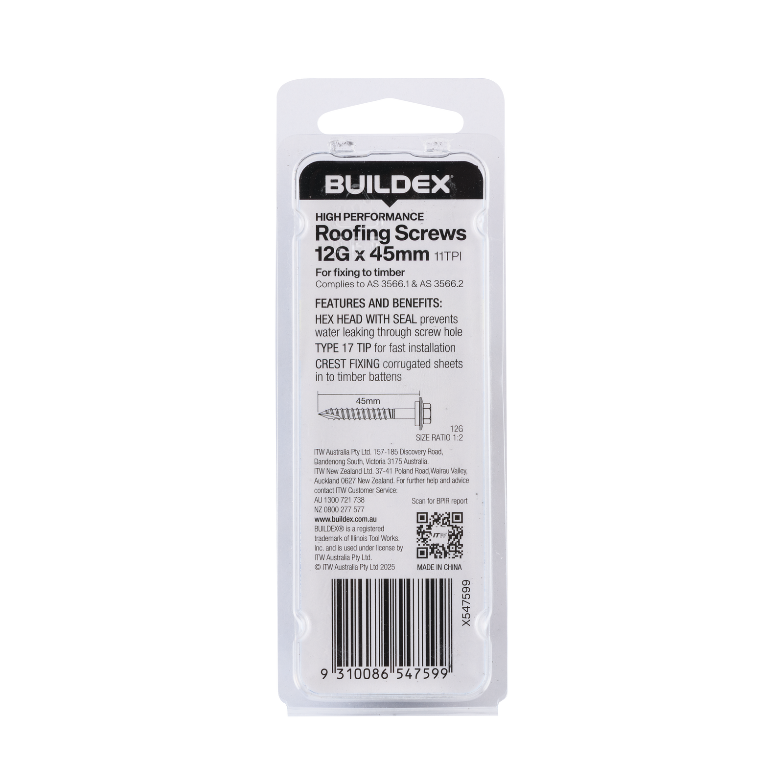 Buildex 12G x 45mm Class 3 Roofing Screws with Seal, Type 17 Hex Head - 10 Pack