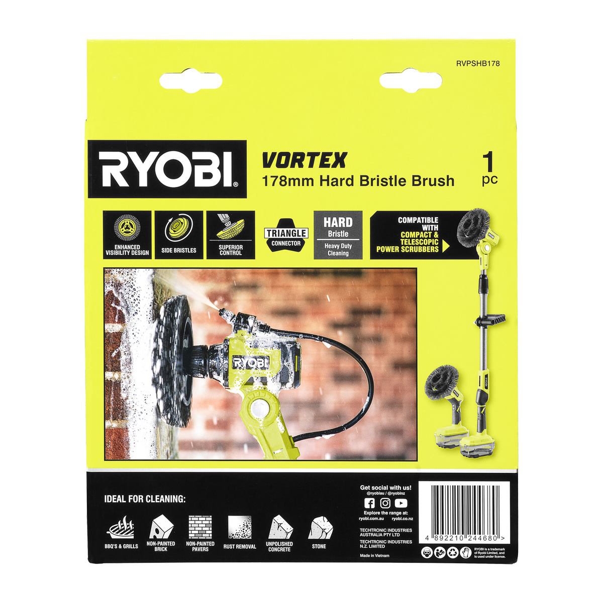 Ryobi 178mm Hard Bristle Power Scrubber Brush - Heavy-Duty Outdoor Cleaning - SuperSaverAU - view 3