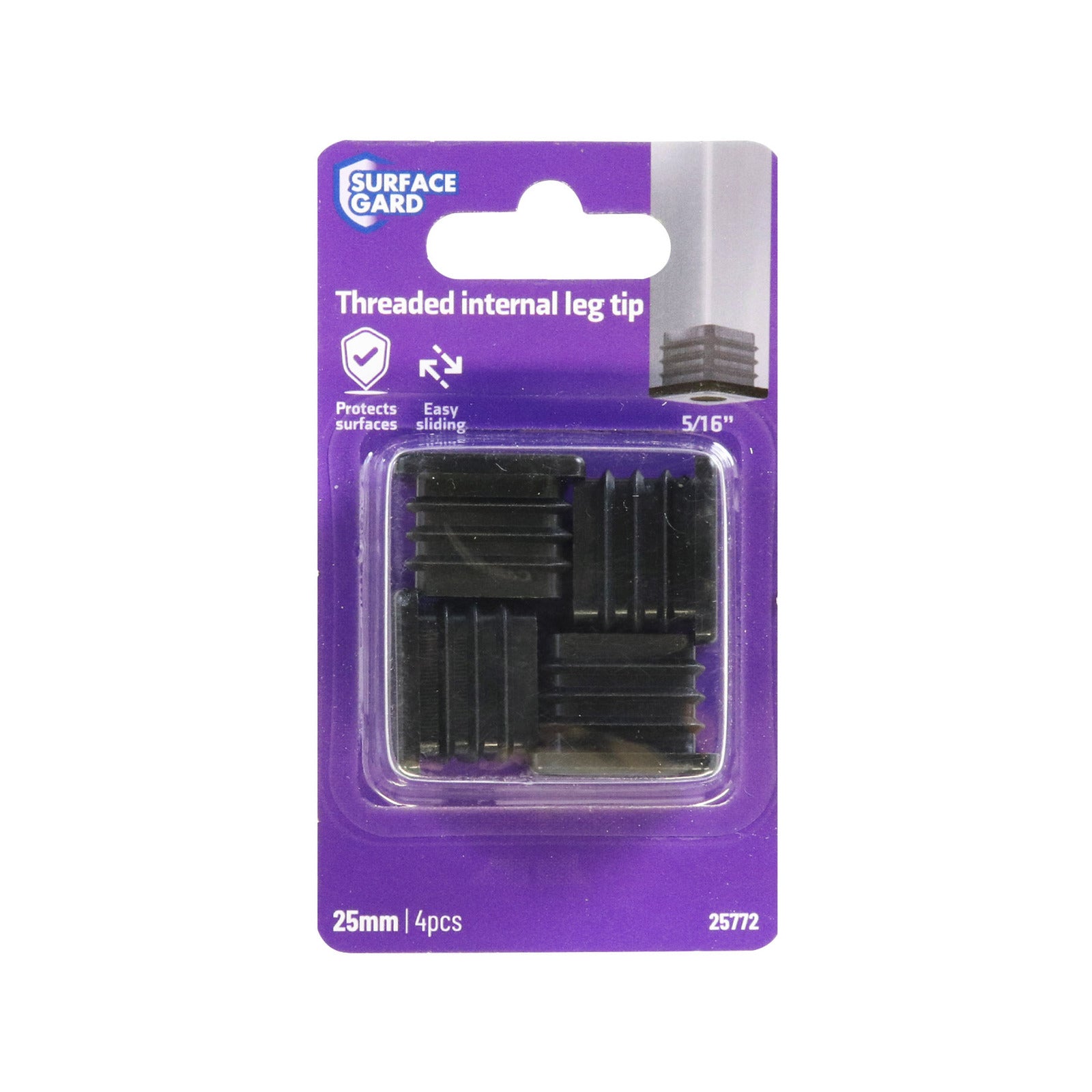 Surface Gard 25mm Black Square Internal 5/16" Threaded Plastic End Closure - 4 Pack