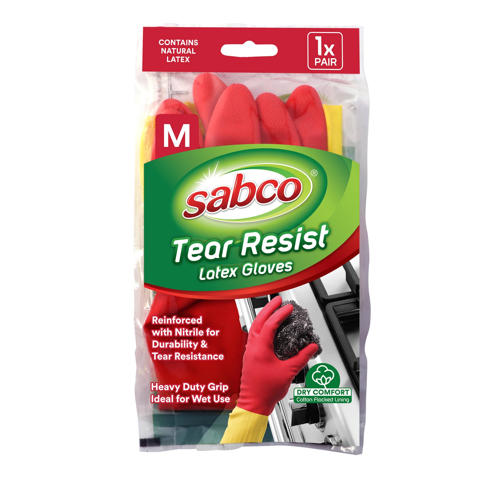 Sabco Tear Resist Latex Nitrile Gloves Medium 1 Pair Red