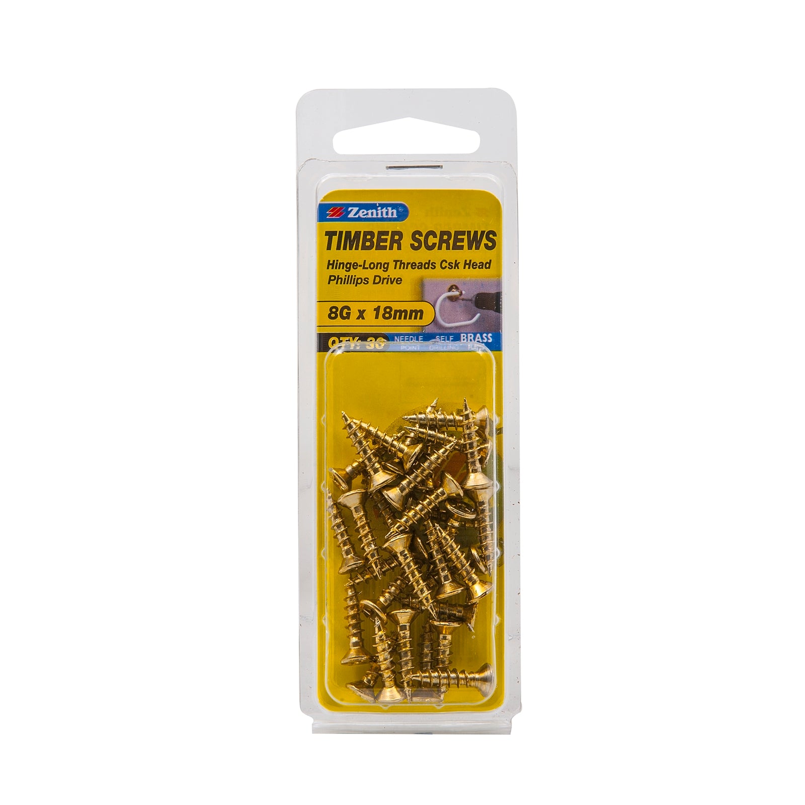 Zenith 8G x 20mm Brass Plated Countersunk Hinge Screws - Long Thread, Phillips Drive, 30 Pack