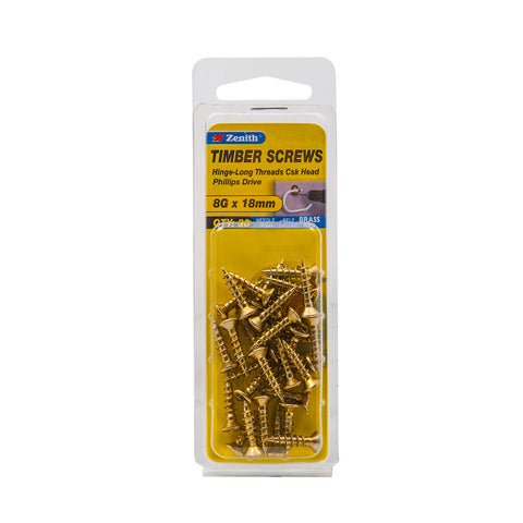 Zenith 8G x 20mm Brass Plated Countersunk Hinge Screws - Long Thread, Phillips Drive, 30 Pack