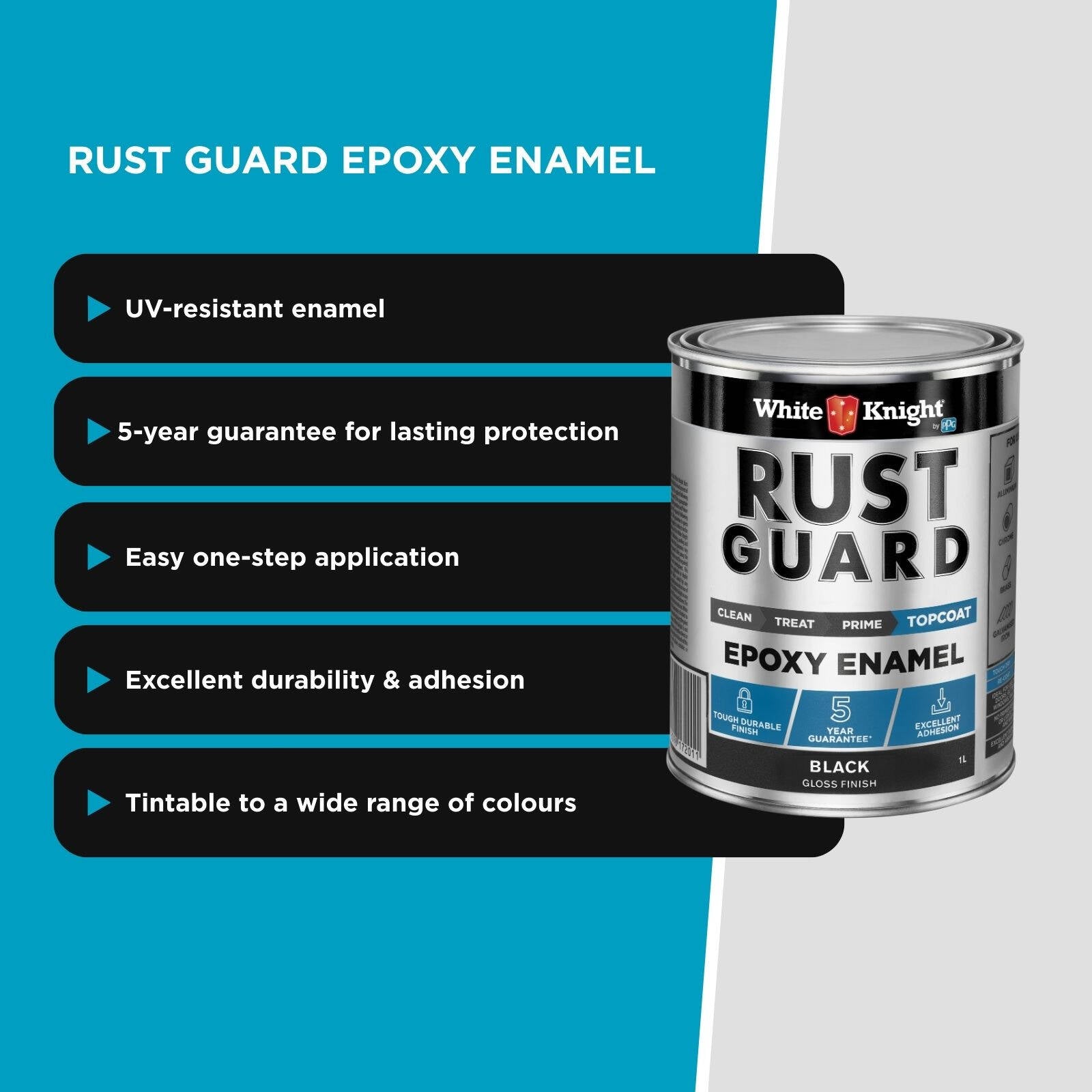 White Knight Rust Guard Epoxy Enamel Paint 1L - Black Gloss, Solvent Based Metal Paint