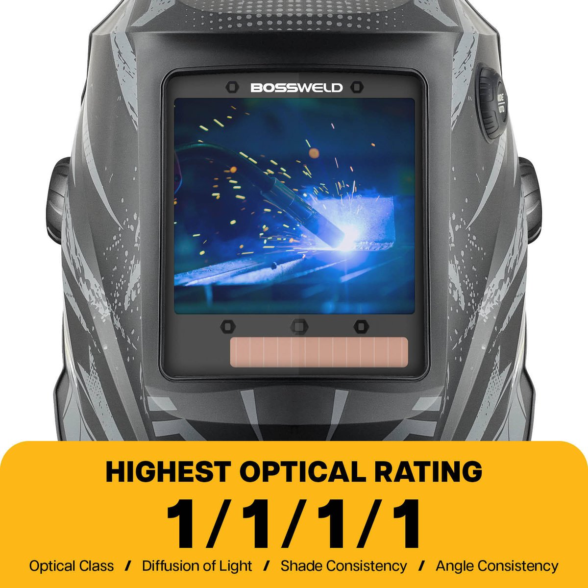 Bossweld VX-4 Firestorm Auto Darkening Welding Helmet, Variable Shade 4-8/9-13, 100 x 93mm Lens, Grinding Mode