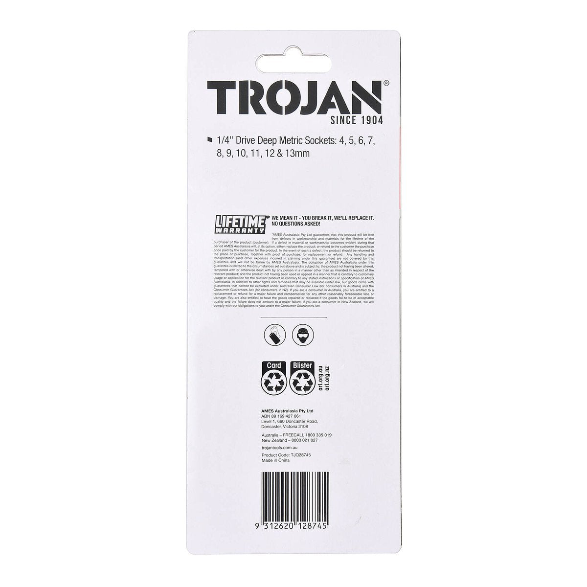Trojan 10 Piece Deep Socket Rail Set 1/4" - 4mm to 13mm - Chrome Vanadium - SuperSaverAU - view 4