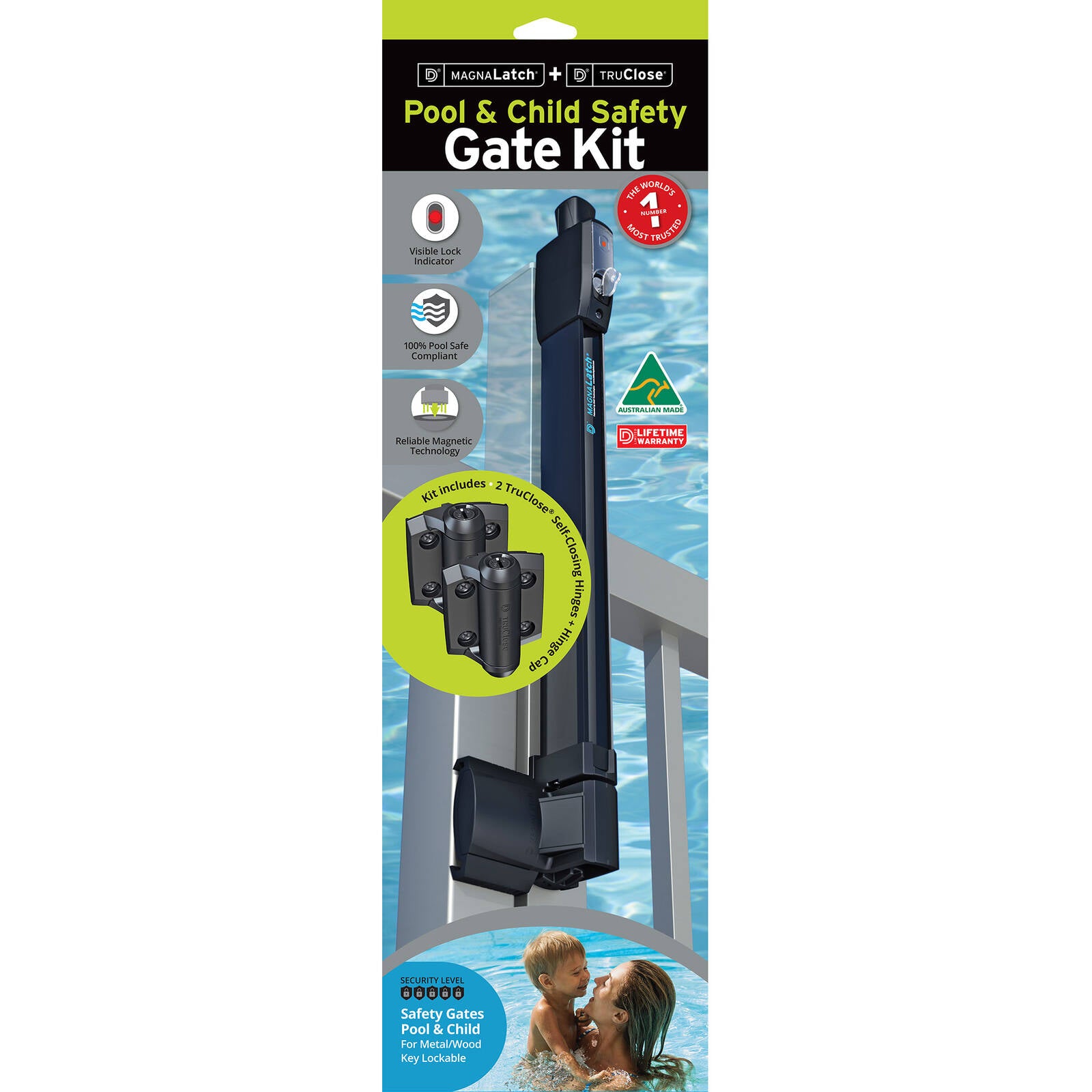 D&D Technologies MagnaLatch Pool Gate Safety Kit with TruClose Hinges, Black, Top Pull Series 3