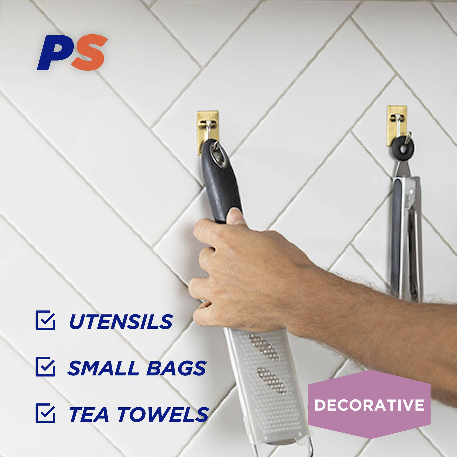 Permastik Small Brass Kitchen Hooks 6 Pack - Brushed Brass Stainless Steel, Holds 500g