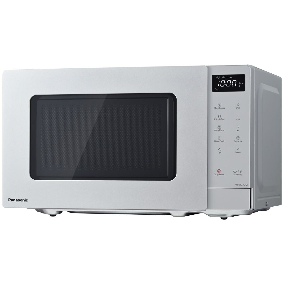Panasonic 20L compact microwave oven - 800W, silver, 8 auto menus, auto defrost, Quick 30 - NN-ST23QMQPQ