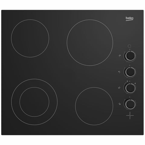 Beko 60cm Vitroceramic Cooktop - Black Glass, 4 Zones, Side Control Knobs, Frameless - BCT601CG