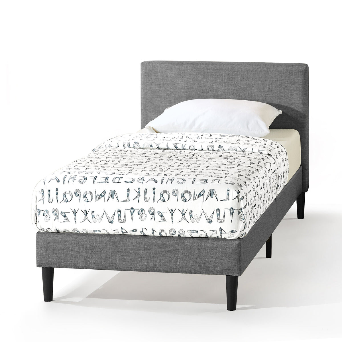Zinus Liam Classic Single Upholstered Fabric Bed Base in Grey - Padded Headboard, 130kg - AU-FPPPDG-12S
