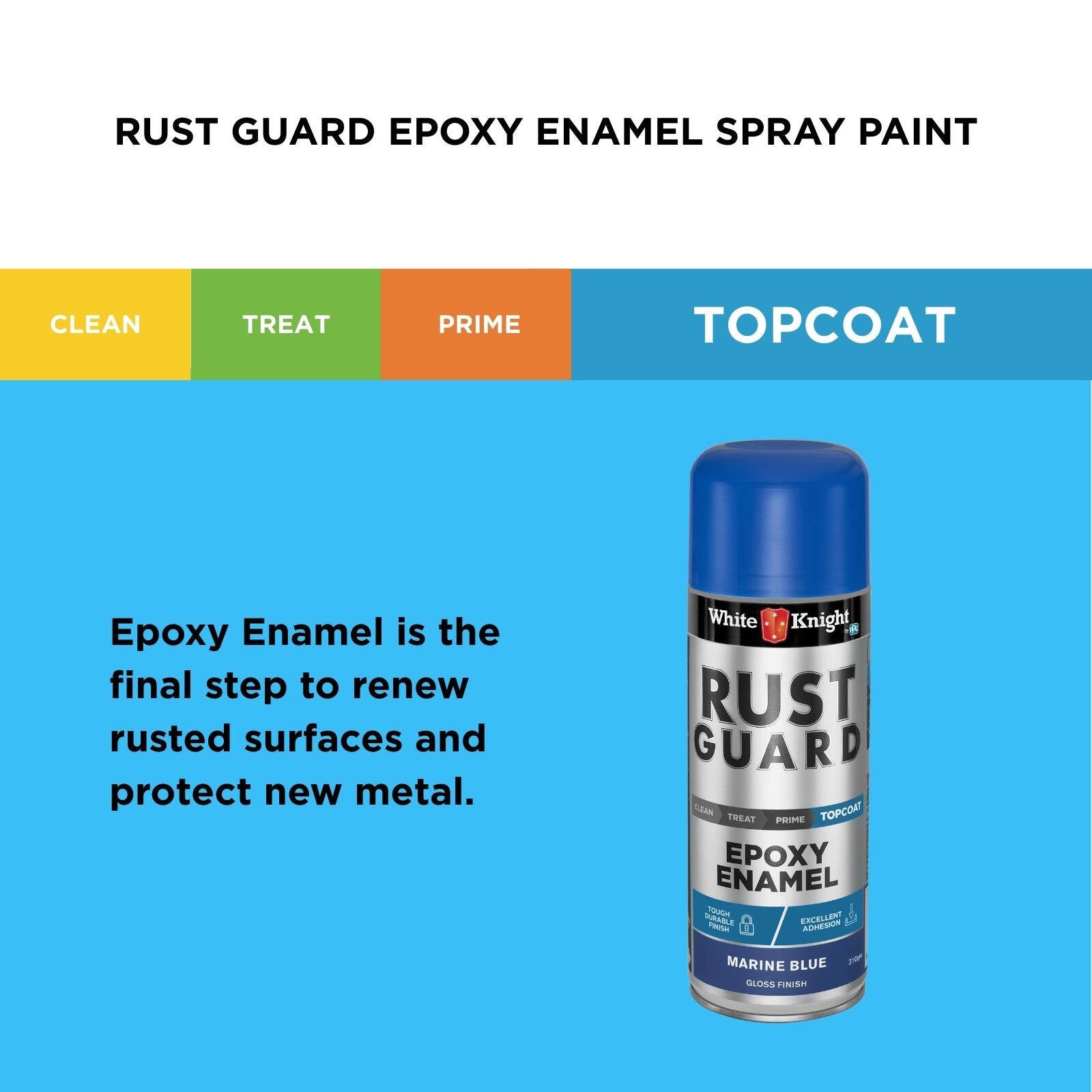 White Knight Rust Guard Epoxy Enamel Spray Paint 310g - Marine Blue Gloss, Solvent Based Metal Finish