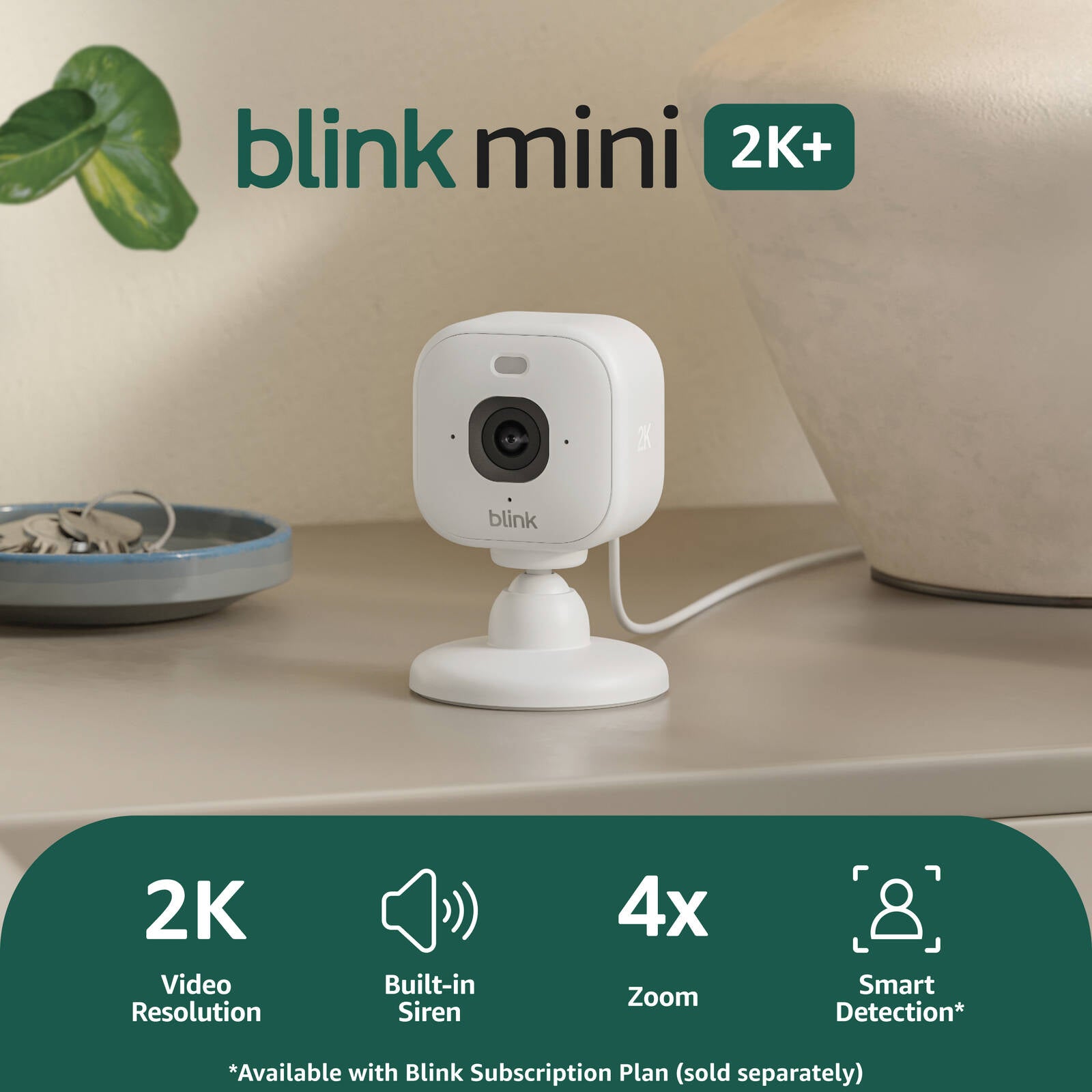 Blink Mini 2K+ Plug-In Security Camera, White - 2 Pack