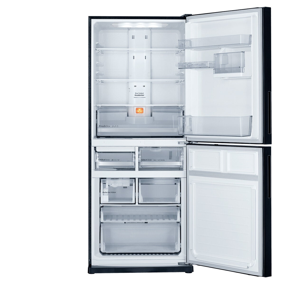 Mitsubishi Electric 421L Bottom Mount Fridge - Black Glass, Ice Maker, Select Zone - MR-HGS421EX-GBK-A