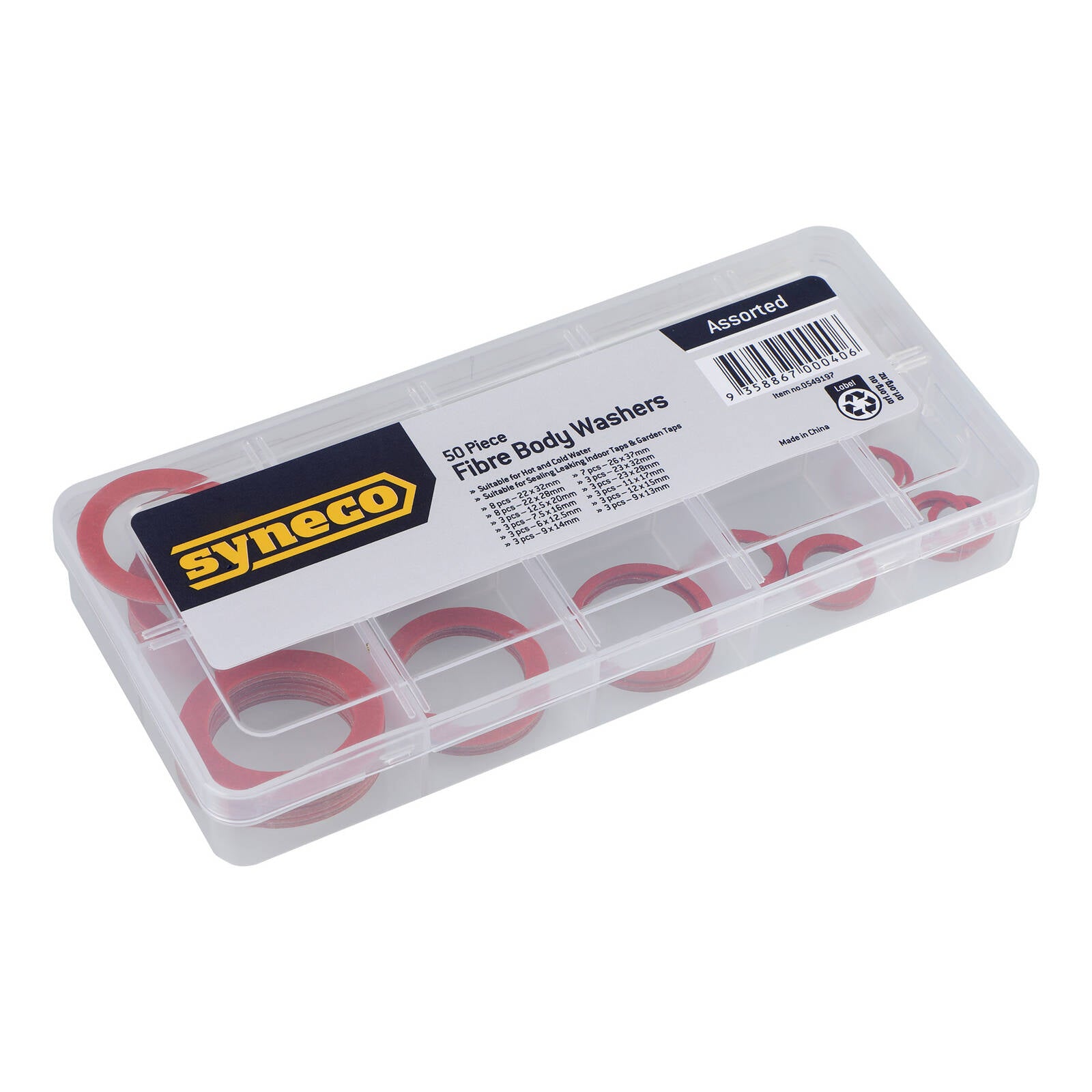 Syneco Assorted Fibre Body Washers 50 Pack Red Hot and Cold Water Tap Spindle Washers