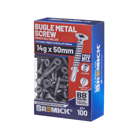 Bremick 14g x 50mm Bugle Head Metal Screw, Carbon Steel B8 Coating, T40 Drive Winged Drill Point - 100 Box