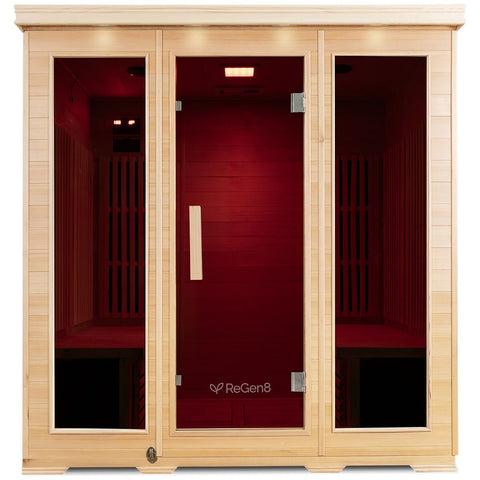 ReGen8 Quadro Four Person Infrared Sauna - Canadian Hemlock, Carbon Fibre Panels, Glass Door - RGSN-QUADRO