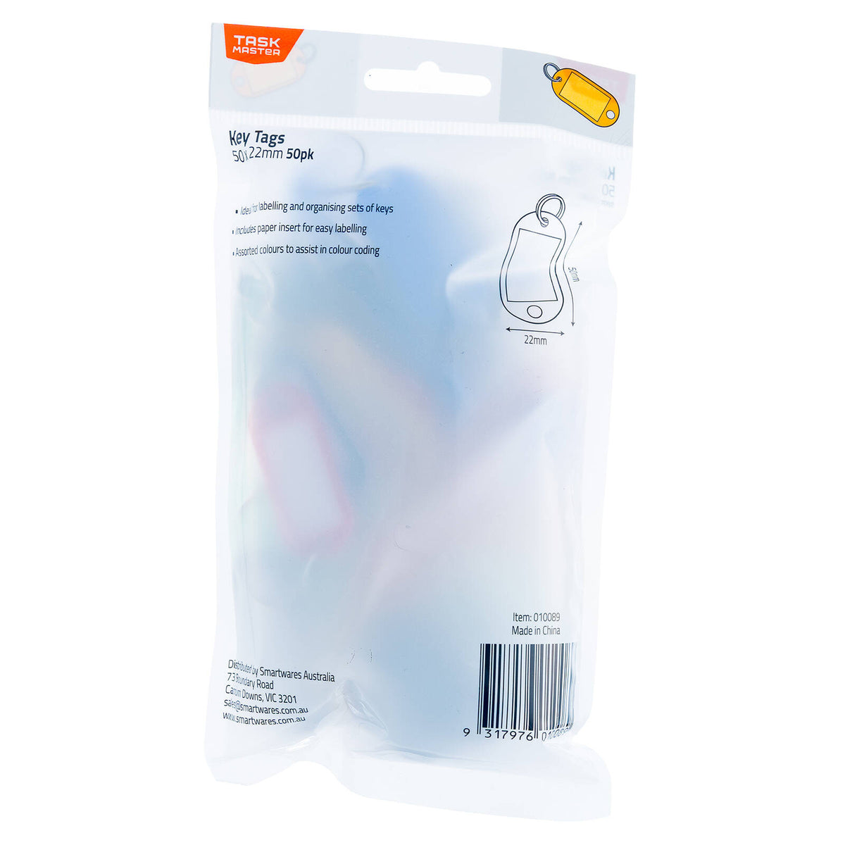 Taskmaster Key Tags with Ring, 60 x 22mm, Assorted Colours, 50 Pack