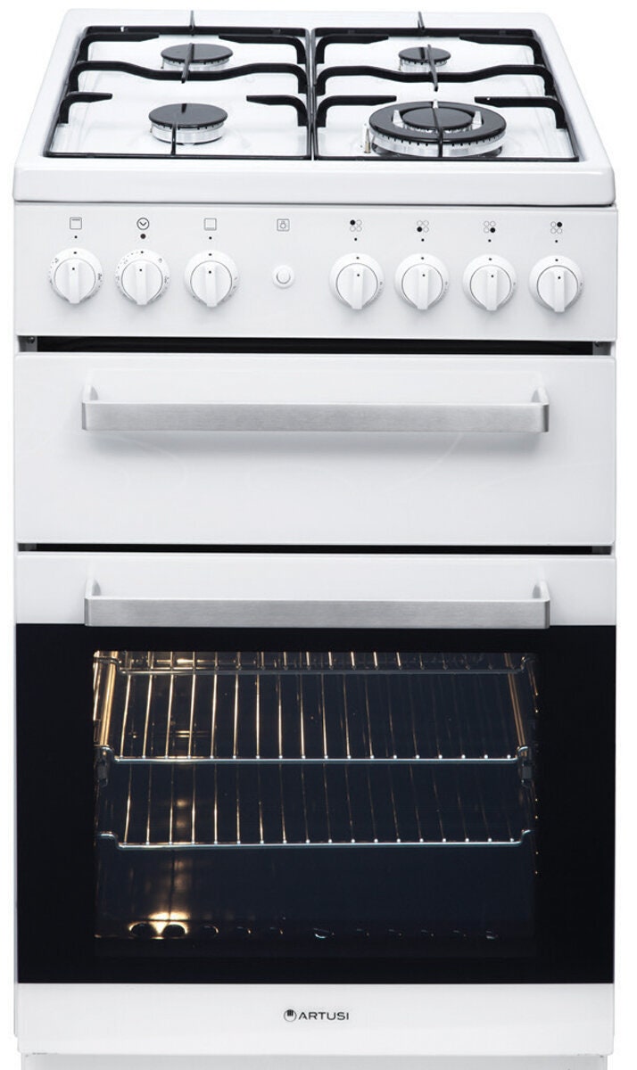 Artusi 54cm Natural Gas Freestanding Oven - 60L, Wok Burner, Separate Electric Grill, White - AFGG54EG