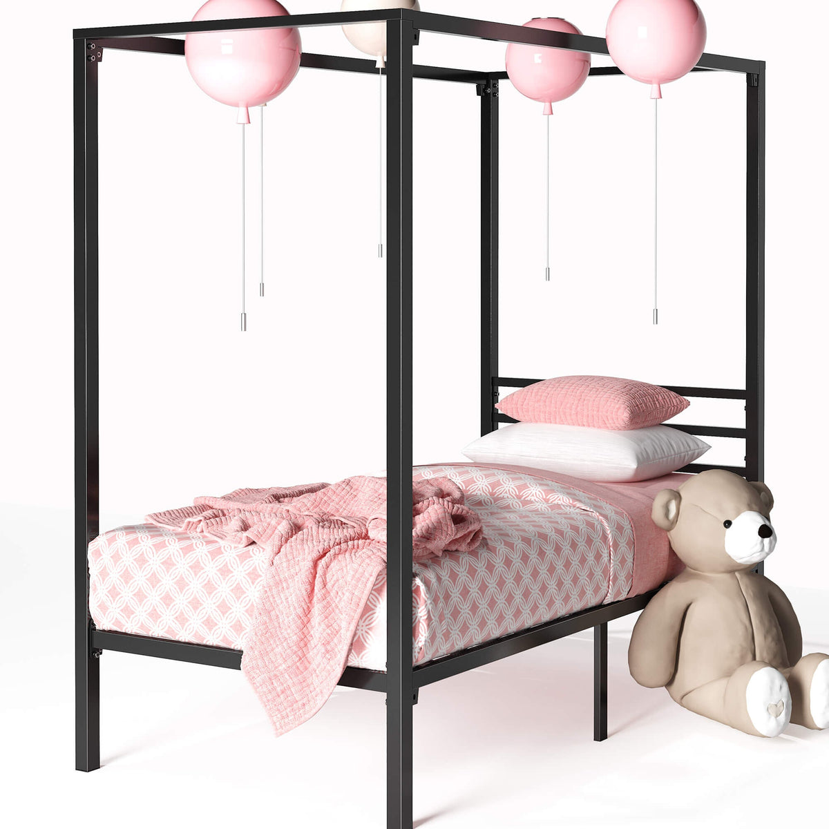 Zinus Patricia Single Metal Canopy Bed Frame in Black - Steel Frame, Underbed Storage - AU-CPBF-S
