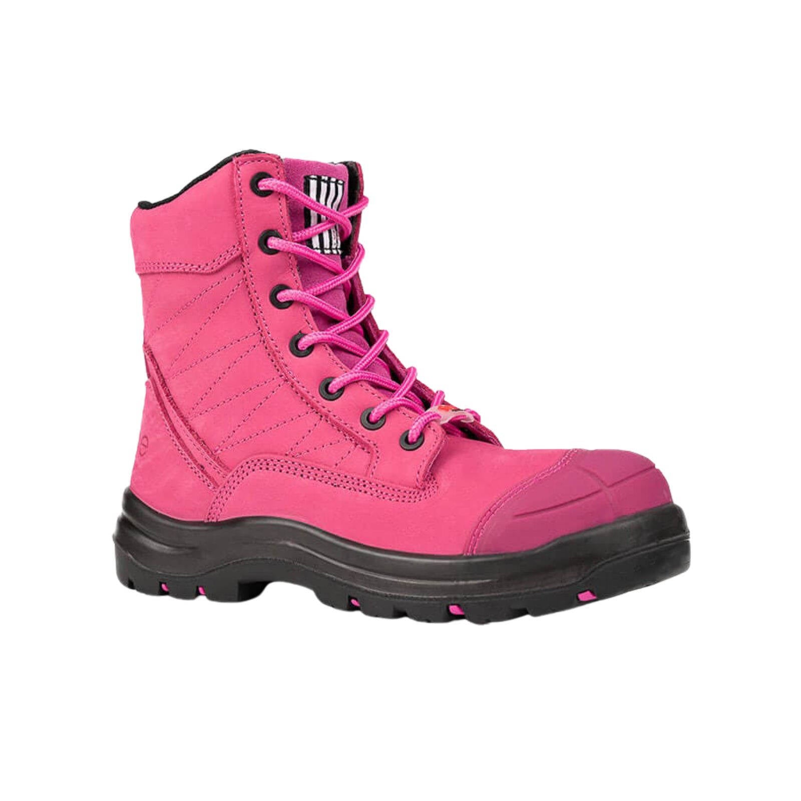 she wear Achieves Womens Safety Work Boots Size 8 Hot Pink Nubuck Leather Composite Toe Zip Side Water Resistant