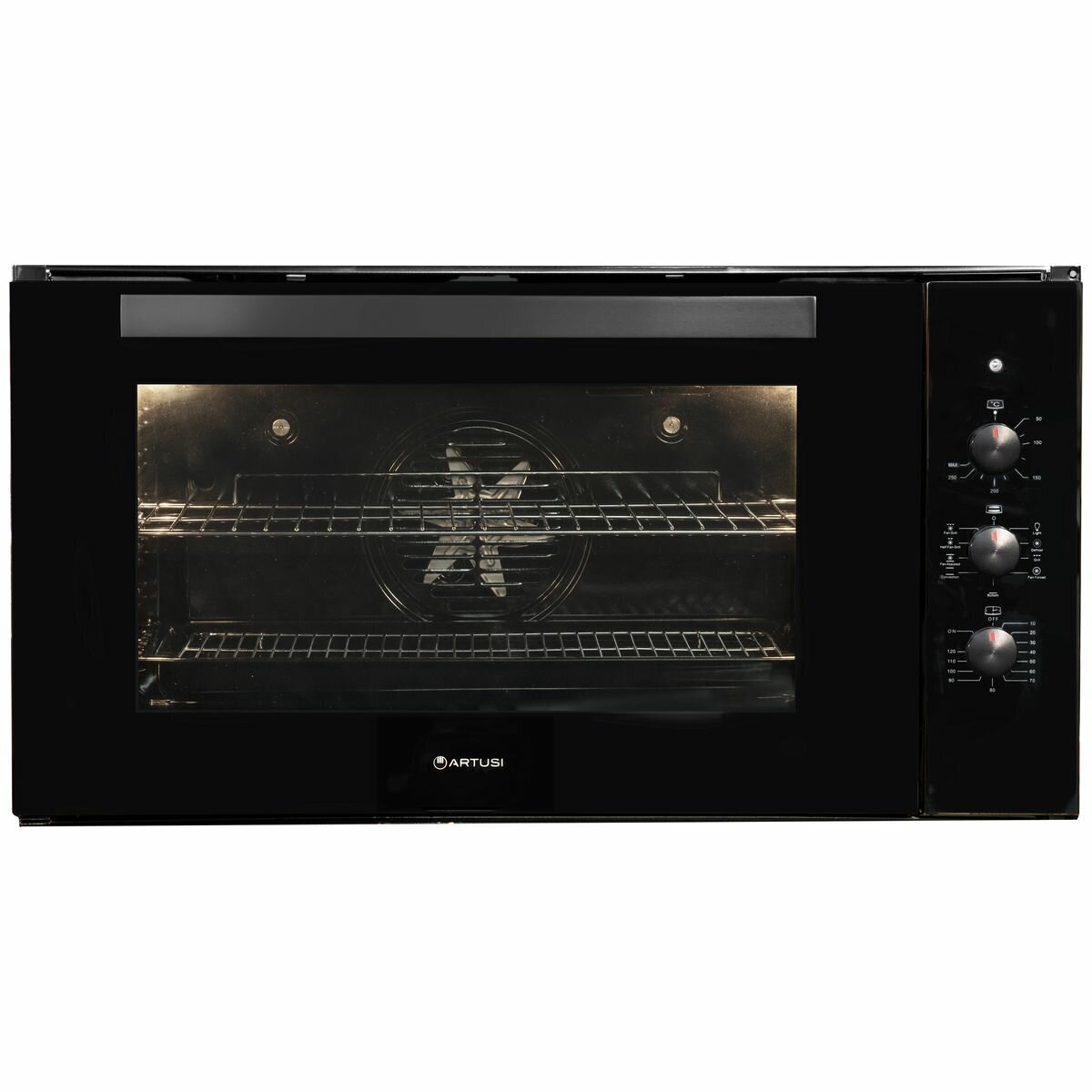 Artusi 90cm Electric Built-In Oven - 98L, Black Glass, 9 Functions, Telescopic Runners - CAO900B