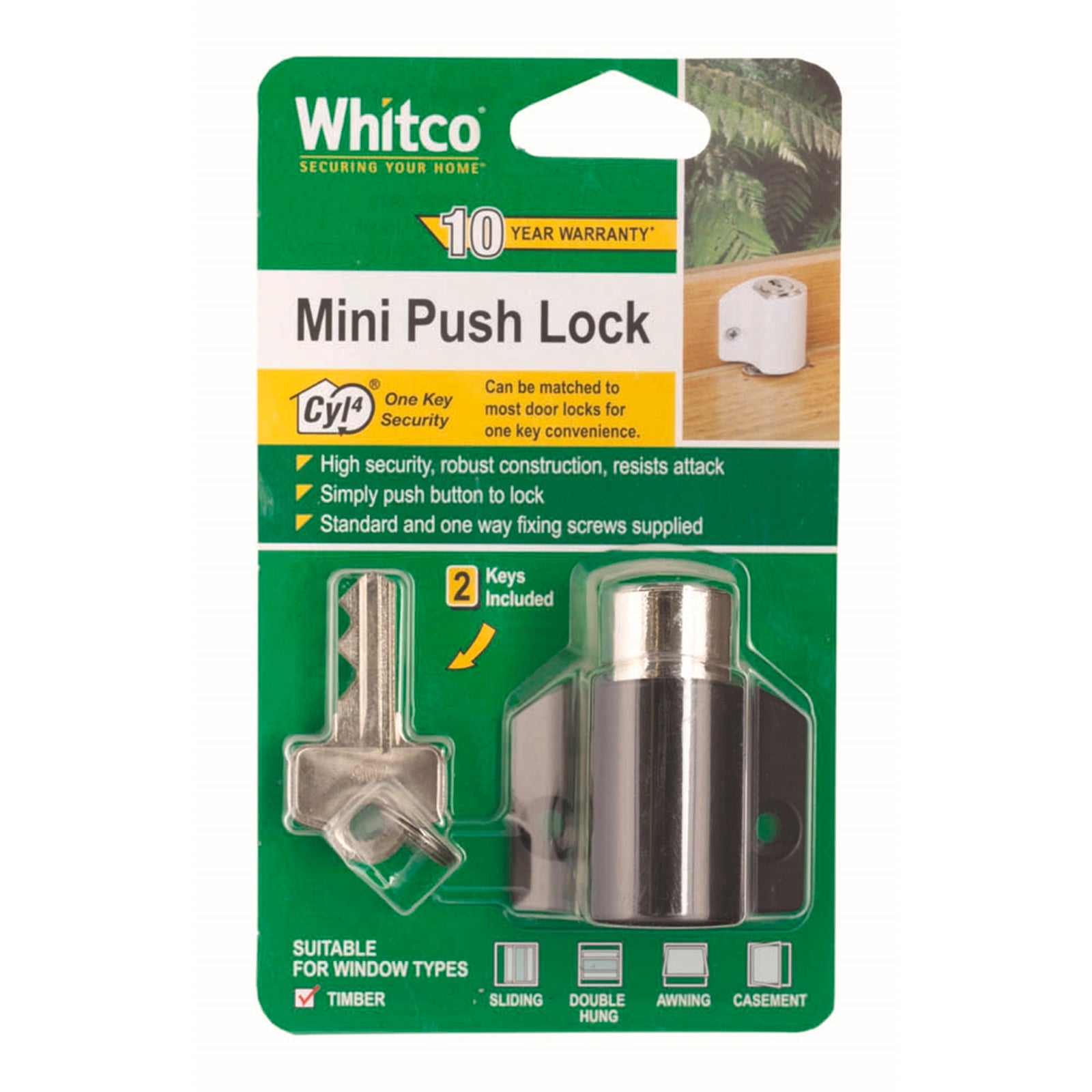 Whitco CYL4 Mini Push Lock Window Lock - Black Lockable Zinc