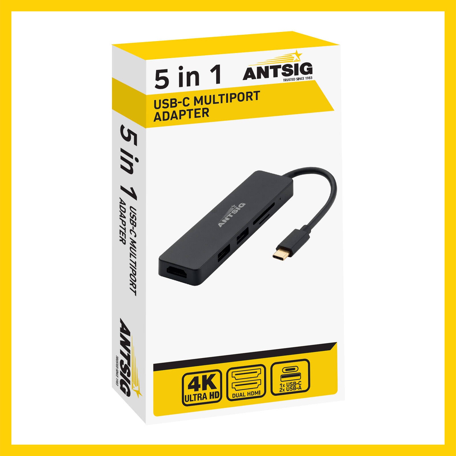 Antsig 5-In-1 USB-C Multiport Adapter AP583B - Black, HDMI, USB & SD/Micro-SD