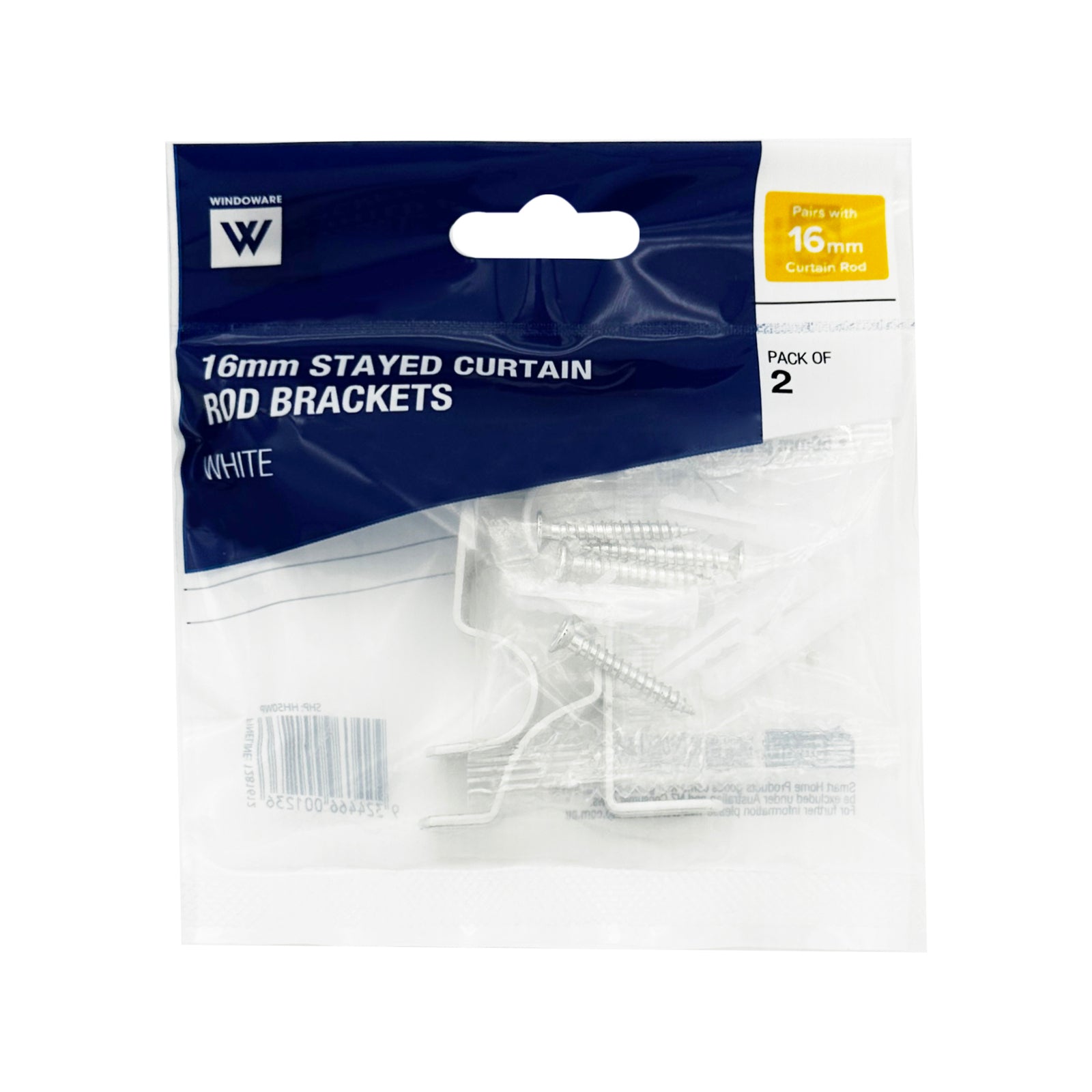 Windoware 50mm White Single Stayed Curtain Rod Bracket - Metal, 2 Pack