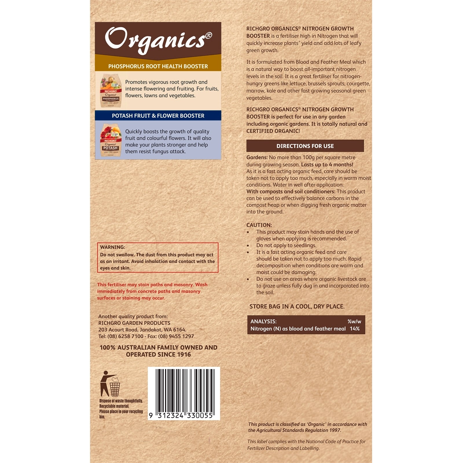 Richgro Organics Nitrogen Growth Booster 2.5kg NPK 14-0-0 Leafy Green Feed