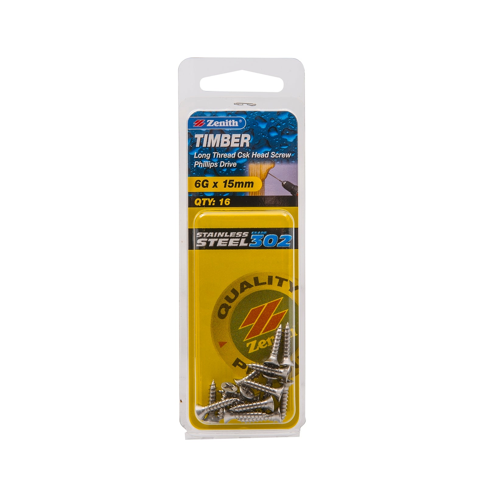 Zenith 6G x 15mm 302 Stainless Steel Countersunk Timber Screws - Long Thread, Phillips, 16 Pack