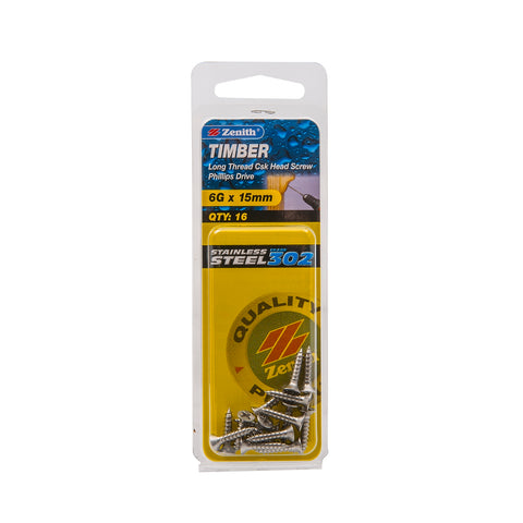 Zenith 6G x 15mm 302 Stainless Steel Countersunk Timber Screws - Long Thread, Phillips, 16 Pack