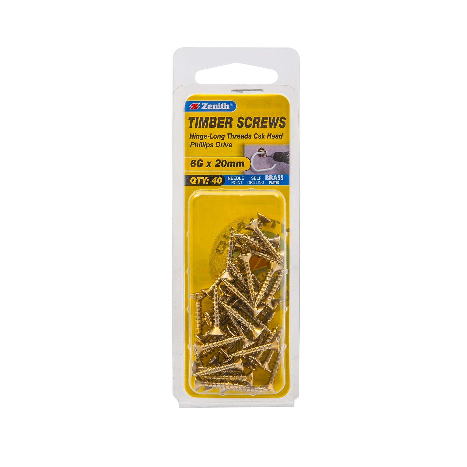 Zenith 6G x 20mm Brass Plated Countersunk Hinge Screws - Long Thread, Phillips Drive, 40 Pack