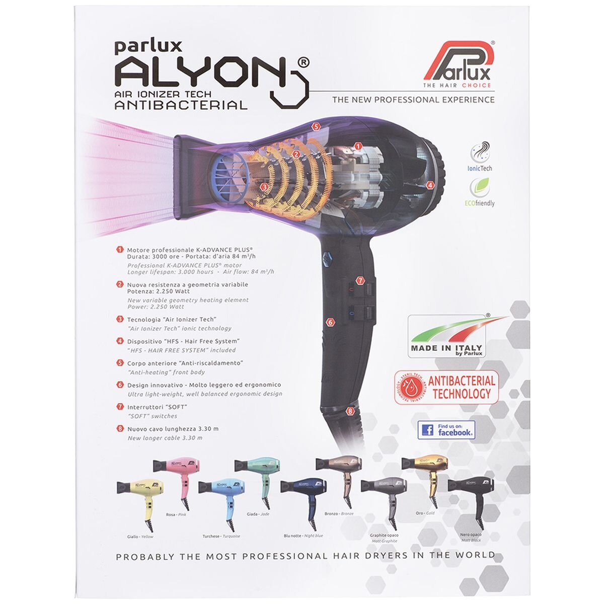 Parlux Alyon Air Ionizer Hair Dryer 2250W - Black - Antibacterial Silver Surfaces - 150127