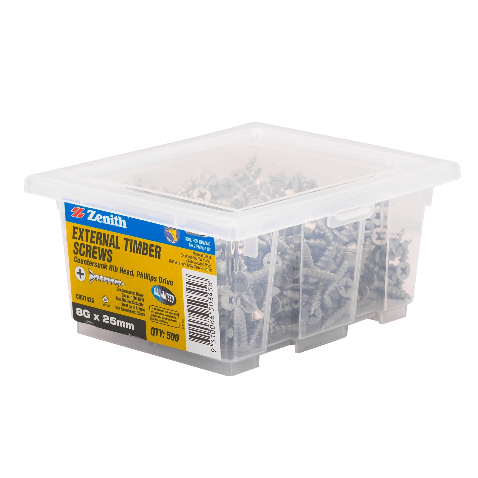 Zenith 8G x 25mm Galvanised Countersunk External Timber Screws - 500 Pack