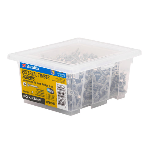Zenith 8G x 25mm Galvanised Countersunk External Timber Screws - 500 Pack