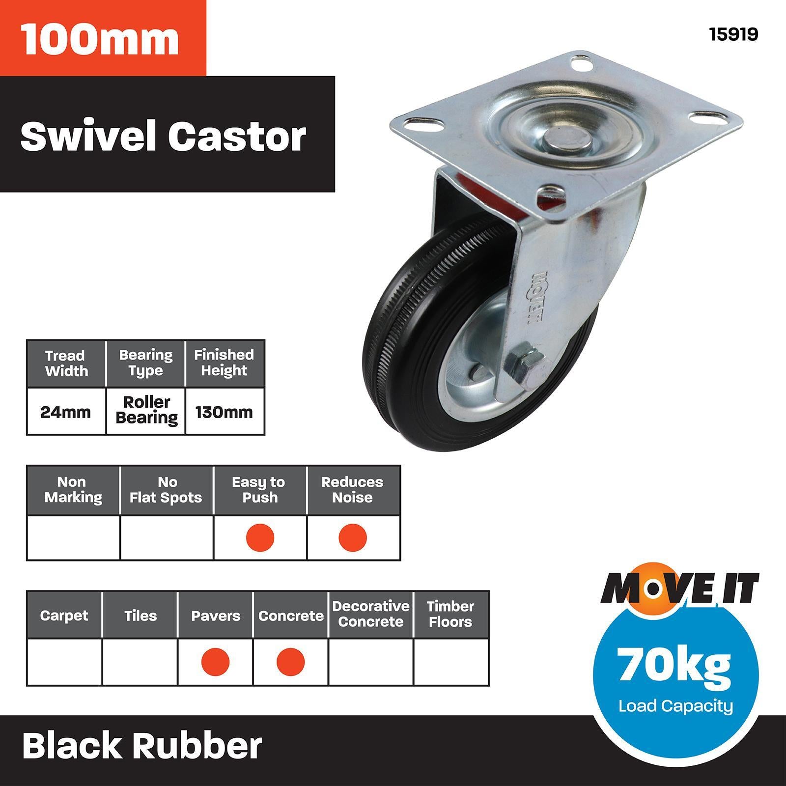 Move It 100mm Black Rubber Swivel Plate Castor, Indoor, 70kg