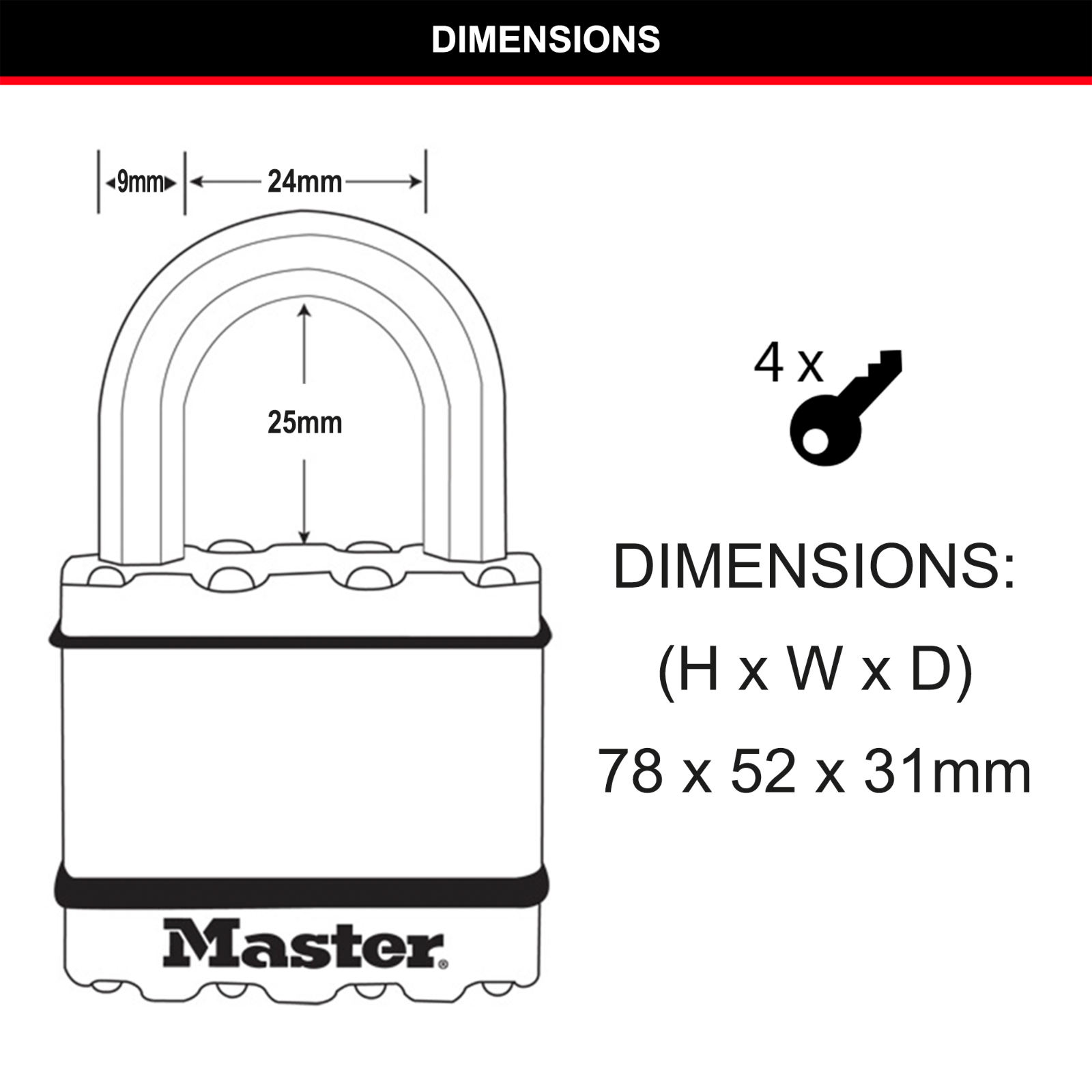 Master Lock 50mm Excell Padlock 4 Pack Laminated Steel Boron-Carbide Shackle