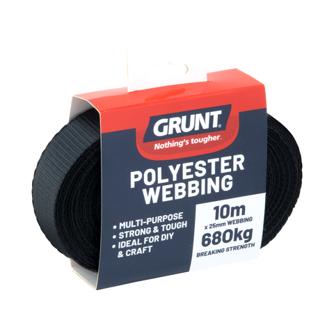 Grunt 25mm x 10m Black Polyester Poly Webbing