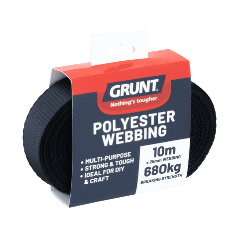 Grunt 25mm x 10m Black Polyester Poly Webbing