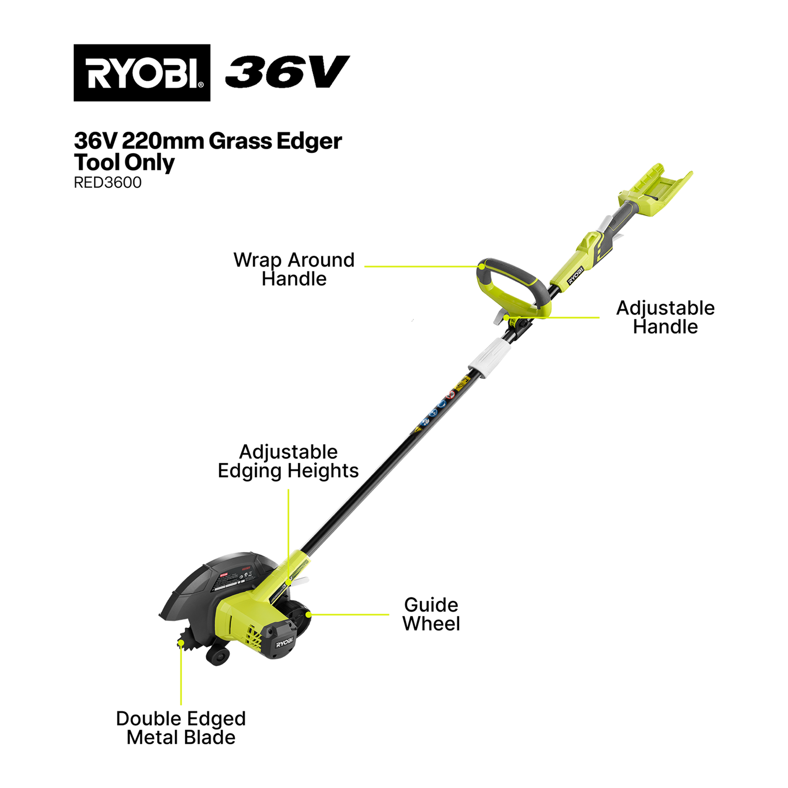 Ryobi 36V Cordless 220mm Lawn Edger, 40mm Cut Depth, Skin Only RED3600