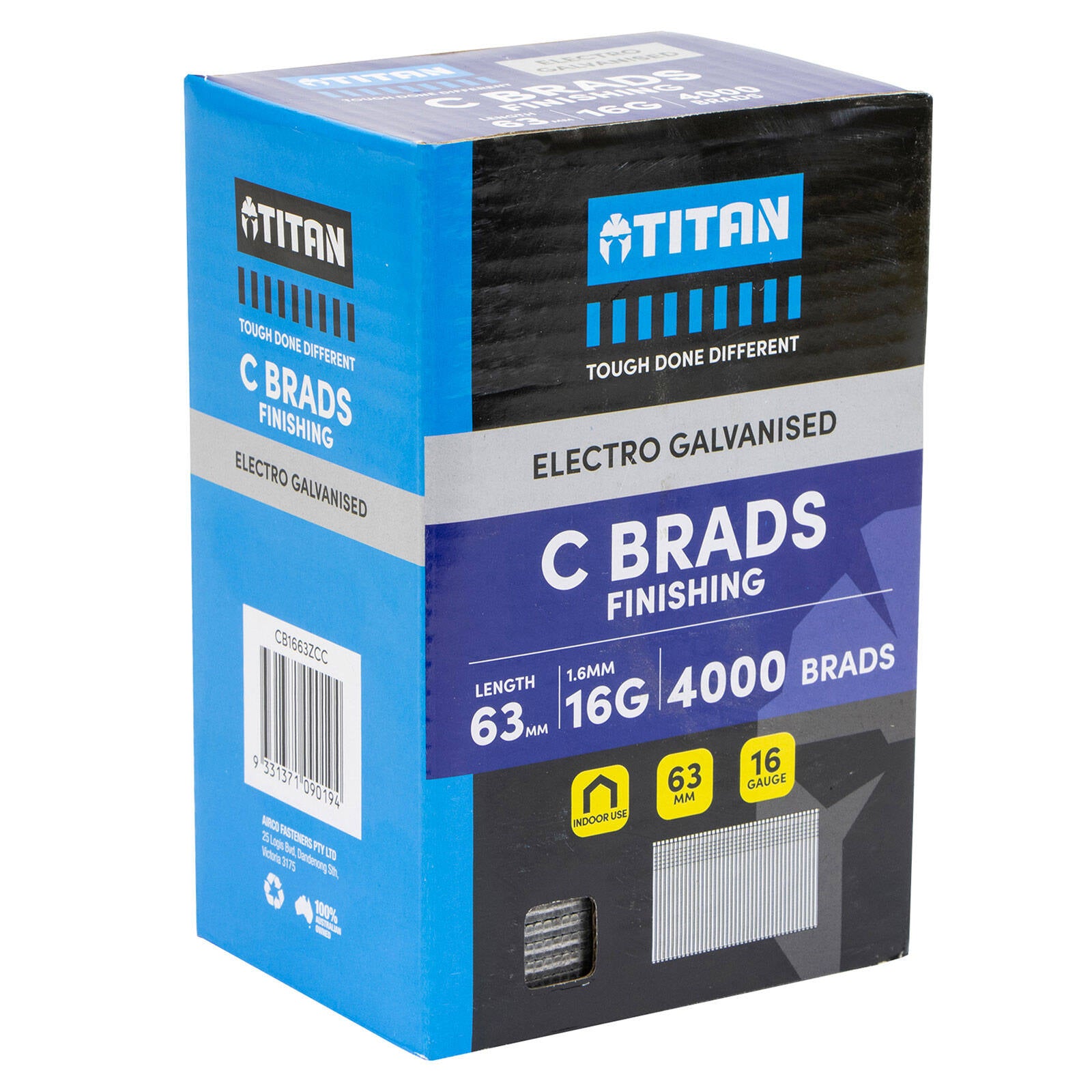 Titan 63 x 1.6mm 16 Gauge Electro Galvanised Straight Collated C Brads - 4000 Pack