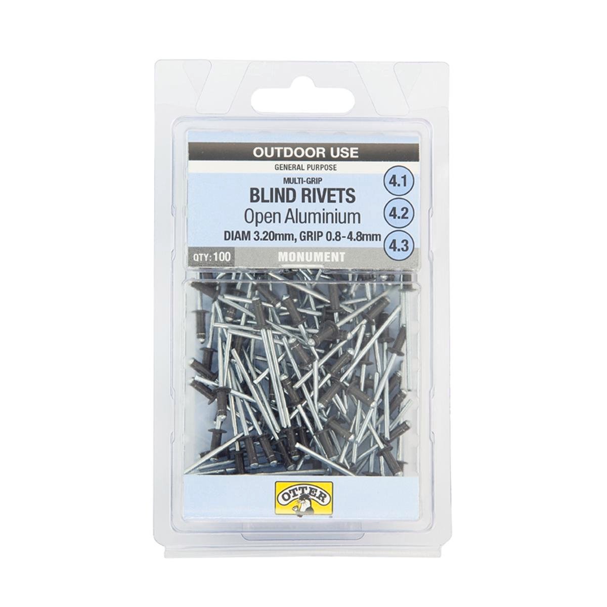 Otter 3.2 x 0.8-4.8mm Monument Multi-Grip Open Aluminium Blind Rivets 100 Pack