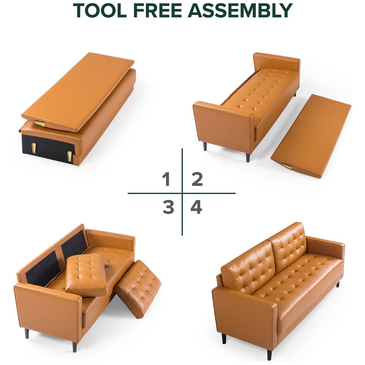 Zinus Benton 3 seater faux leather sofa - cognac, grid tufted, tapered wooden legs - AU-USSBTF-3CL