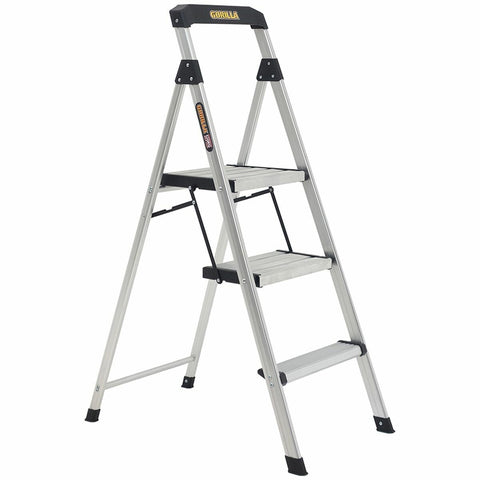 Gorilla Three Step Ladder with Tool Tray - Lightweight Aluminium, Compact Folding, 120kg Max Load - GOR-3TT