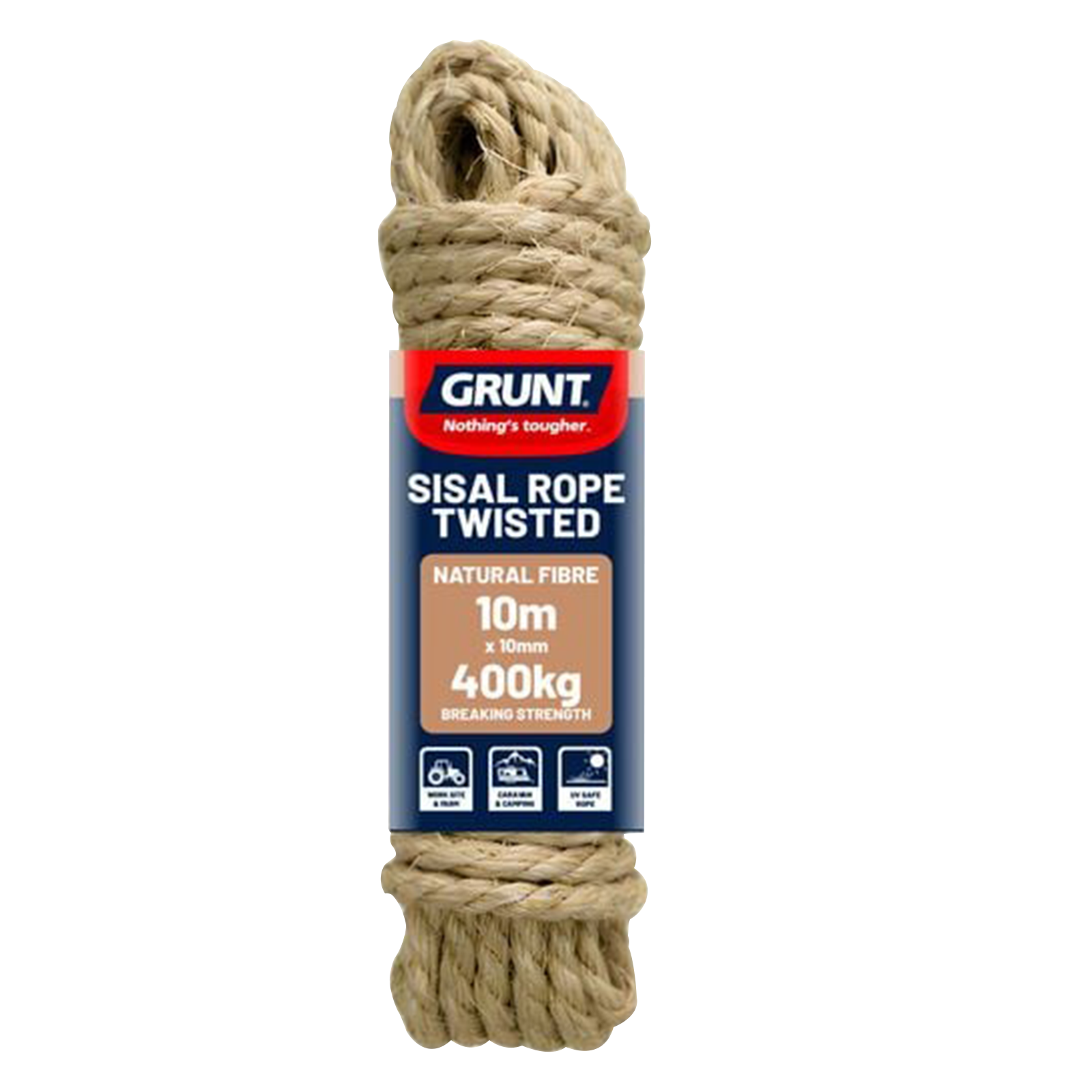Grunt 10mm x 10m Sisal Twisted Rope, Natural Fibre, 400kg Break Strength, Weather Resistant